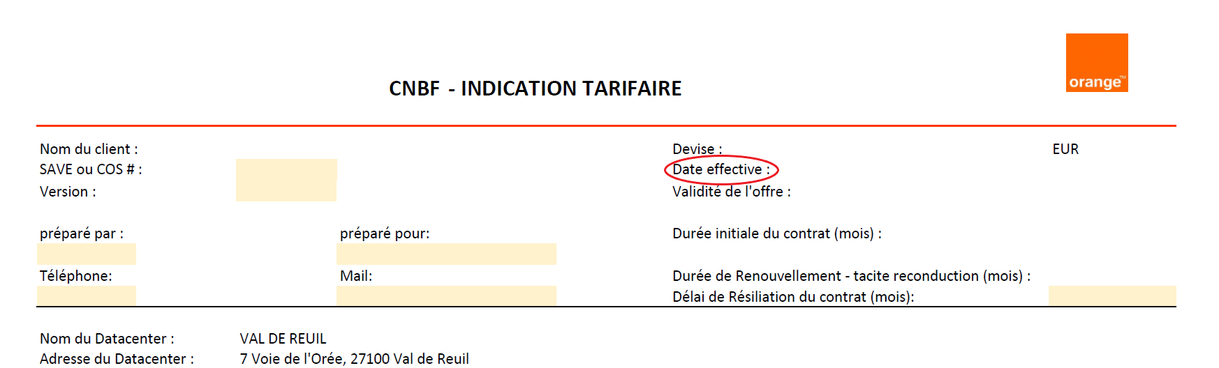 En-tête de devis précédemment reçu indiquant l'emplacement de la date effective du devis. La date effective du devis est indiquée en haut à droite du document.