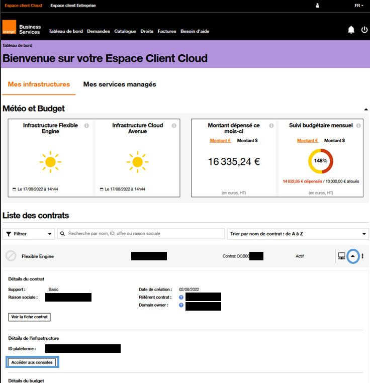Figure 18 Détail du contrat_ Accéder à la console technique
